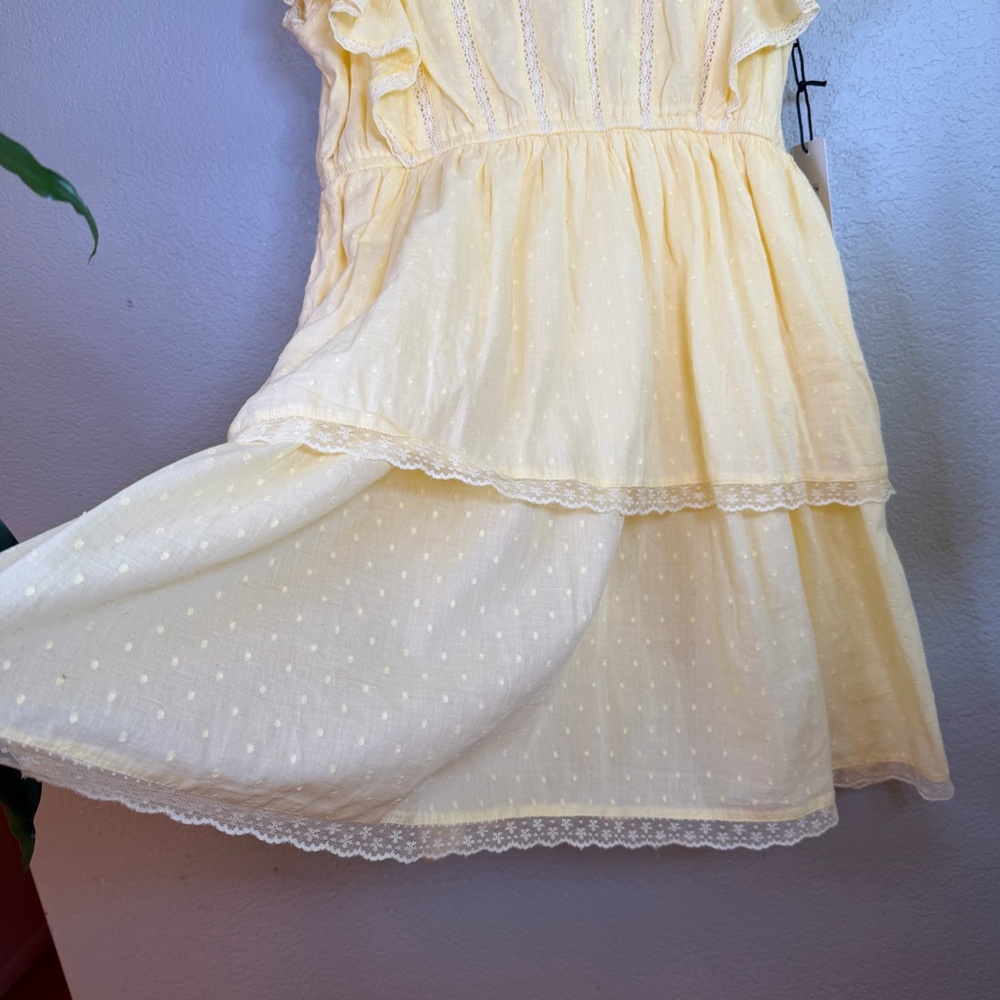Japna Butter Yellow Swiss Dot Ruffled Cap Sleeve Lace Trim Tiered Mini Dress L - Picture 2 of 14